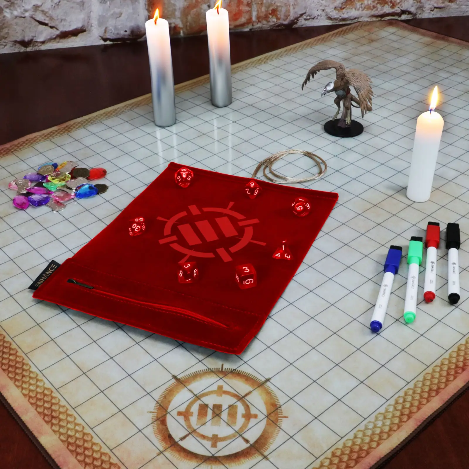 Dice Rolling Mat: Enhance - Roll on a Scroll™ & Acrylic RPG Dice Set (7) - Red - Image 2