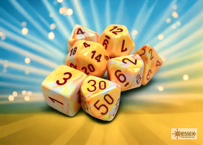 RPG Dice Set: Festive - Polyhedral - Sunburst with red pips (7)