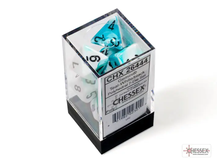 RPG Dice Set: Gemini - Polyhedral - Teal-White/Black (7) - Image 3